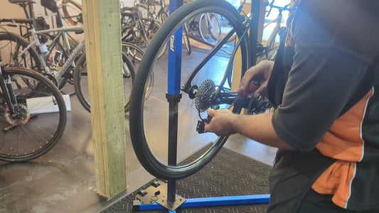Mechanic using a red-handled screwdriver at the rear derailleur of a dark road bike held in a blue workstand, with parked bikes behind